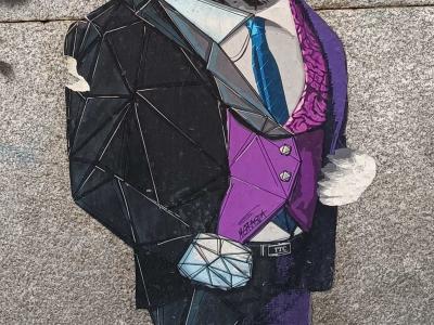 White Tiger Gentleman in Purple Suit — Street art in Madrid