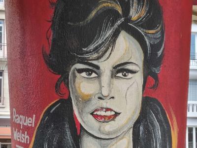 Portrait of Raquel Welch on Pillar — Street art in Grenoble