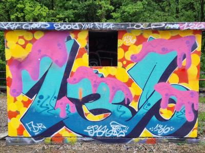 Turquoise lettering with pink drips — Street art in Grenoble