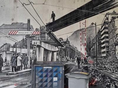 Pont urbain noir blanc — Street art à Grenoble