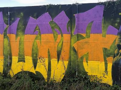 Lettrage violet dynamique — Street art à Rennes