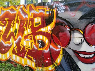 Orange Lettering and Woman in Red Glasses — Street art in Nantes