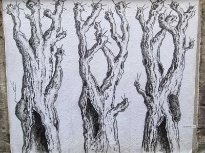 Pruned Plane Trees in Black and White — Street art in Clermont-Ferrand