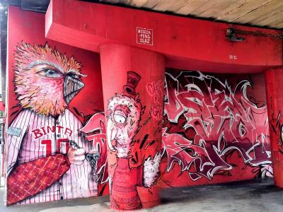 Comic Characters Under a Red Bridge — Street art in Grenoble