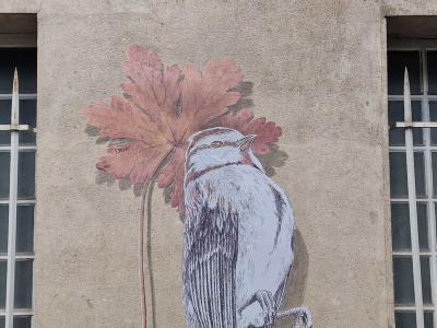 Bird Hanging from a Leaf — Street art in Paris