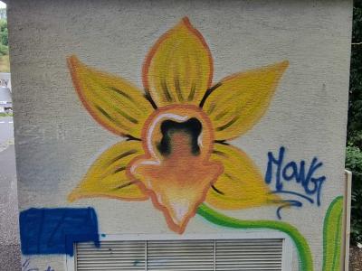 Yellow-Eyed Orchid on Grey Wall — Street art in Saint-Nectaire