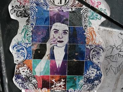 Baroque portrait with coloured panels — Street art in Paris