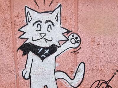 Punk Cartoon Cat Waving — Street art in Grenoble
