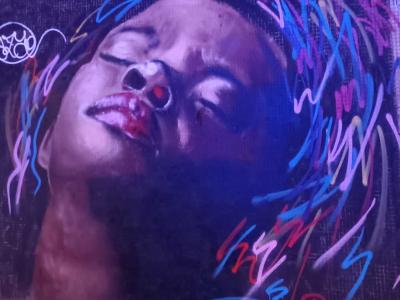 Hyperrealistic Woman Portrait with Colorful Streaks — Street art in Paris