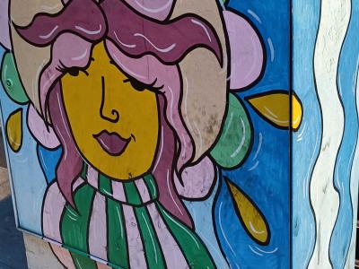 Visage-fleur aux pétales colorés — Street art à Porto