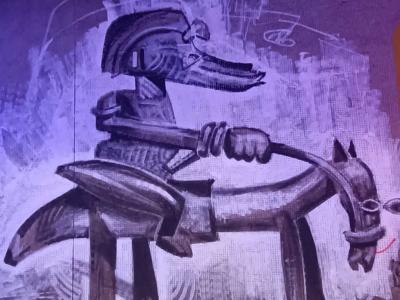 Bird Warrior on Mount in Grey Tones — Street art in Paris