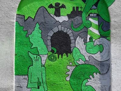 Green Landscape with Lighthouse and Tentacles — Street art in Strasbourg