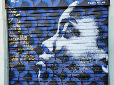 Female portrait blue background — Street art by Seb Bouchard in Nantes
