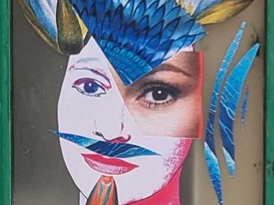 Visage aux plumes bleues par ChrisTèll — Street art de ChrisTèll.T à Clermont-Ferrand