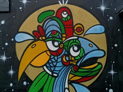 Bird-fish mask on a starry sky — Street art in Saint-Brieuc