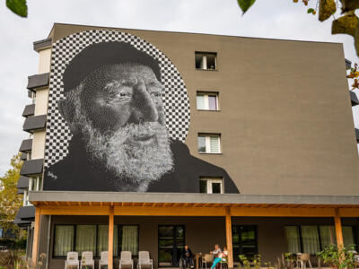 Le vieil homme au damier, par Ladybug — Street art de Lady bug à Bayonne
