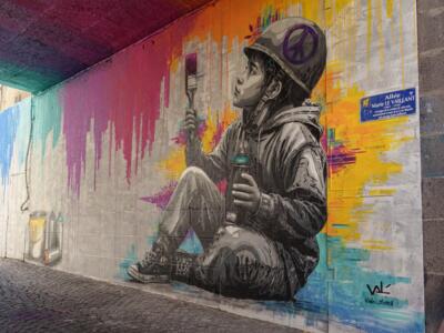 The Child with a Helmet — Street art by Vale Stencil in Saint-Brieuc