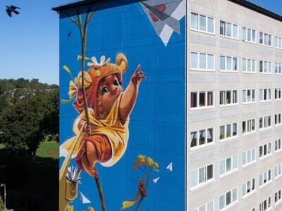 Little character climbing a stem — Street art by Animalitoland in Gothenburg