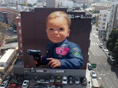Baby Cop with a Handgun — Street art by Bip Apollo in San Francisco