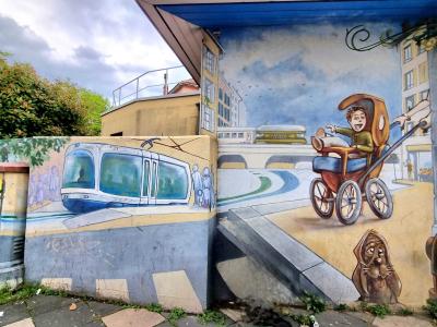 Tram and Child in a Stroller — Street art in Grenoble