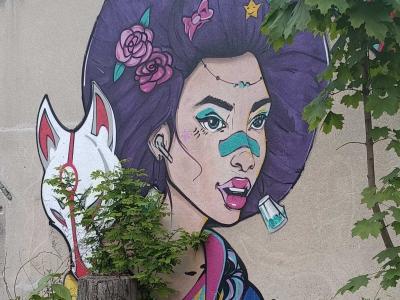 Portrait of Woman with Purple Hair and Fox Mask — Street art by Rivus in Prague