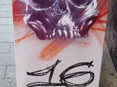 Crâne violet sur orange — Street art à Strasbourg