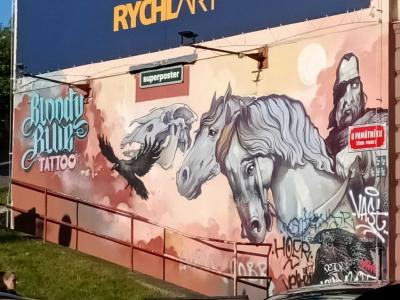 Horses and Raven — Street art by Nasimo in Prague