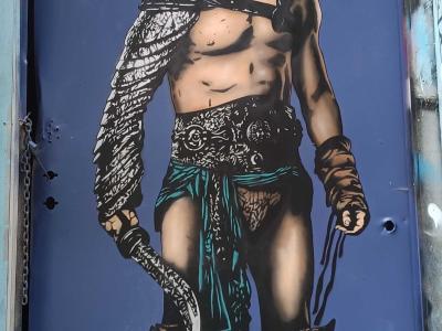 Standing Gladiator, Trompe-l'Oeil on Door — Street art by JPS in Berlin