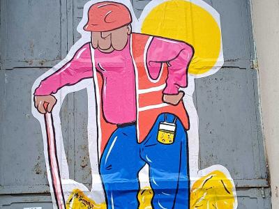 Construction Worker in Bold Flat Colors — Street art in Nantes