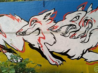 White Multi-Headed Wolf by Bikjart — Street art in Rīga