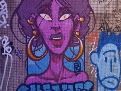 Purple Woman Portrait with Golden Hoops — Street art in Paris