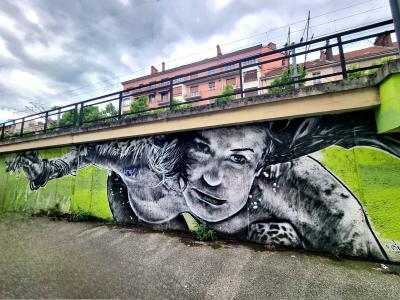 Giant Portrait Under a Bridge, Green Background — Street art in Grenoble