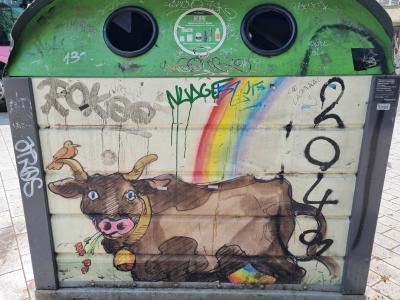 Rainbow Cow on Recycling Bin — Street art in Strasbourg