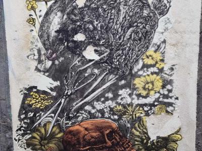 Lièvre et crâne dans les fleurs sauvages — Street art à Clermont-Ferrand