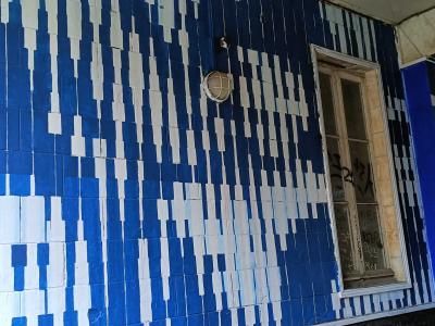 Façade couverte de carreaux bleus et blancs — Street art à Nantes