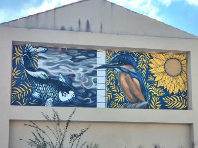 Kingfisher, Fish and Sunflower — Street art in Landevieille