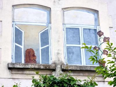 Painted Window with Brown Cat Inside — Street art in Grenoble