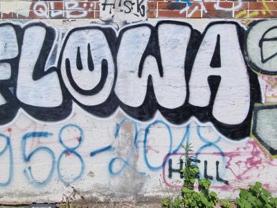 Tag 'Flowa' et personnages souriants — Street art à Strasbourg