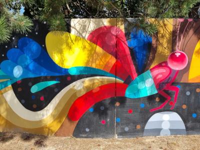 Cosmic Mural — Pink Mantis on Dark Background — Street art in Strasbourg