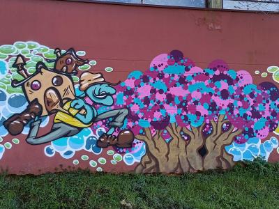 Personnage et arbres bulles — Street art à Rezé