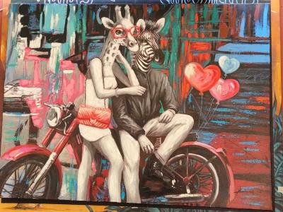 The Giraffe and the Zebra on a Motorbike — Street art in Vallon-Pont-d'Arc
