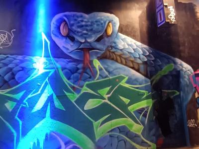 Serpent bleu géant sous le pont — Street art à Paris