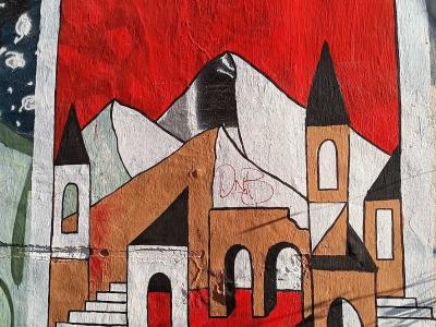 Paysage urbain sous croissant de lune — Street art à Rīga