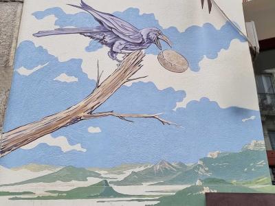 Blue-Black Bird on Branch Mountain Landscape Mural — Street art in Grenoble
