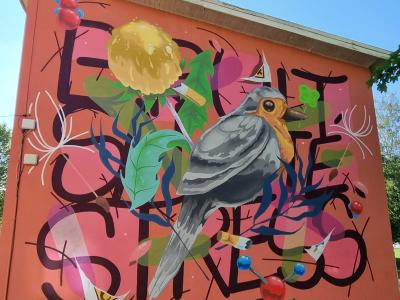 Colorful Pink-Yellow Bird Mural with Tags — Street art by Groek in Vizille