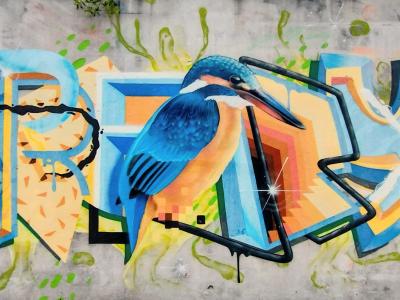 Kingfisher on Lettering — Street art in Saint-Leu