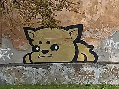 Stocky Little Dog with Golden Fangs — Street art in Rīga