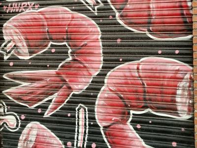Grandes crevettes sur rideau — Street art à Madrid