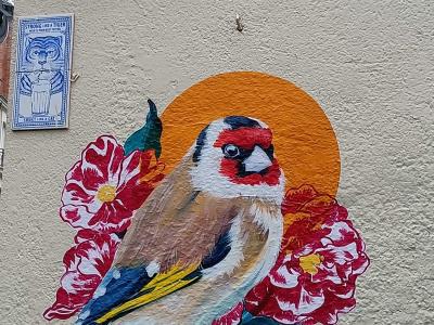 Goldfinch and Peonies Mosaic — Street art in Nantes