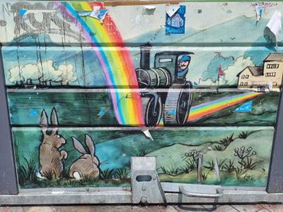 Rabbits Watching the Rainbow Train — Street art in Strasbourg